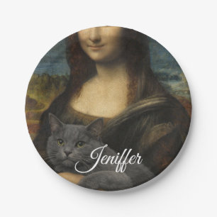 Plato De Papel Mona Lisa sosteniendo un elegante gato gris