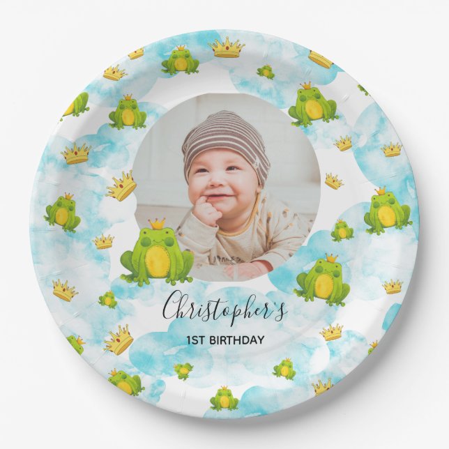 Plato De Papel Monarch Frog Baby Photo Blue Watercolor (Anverso)