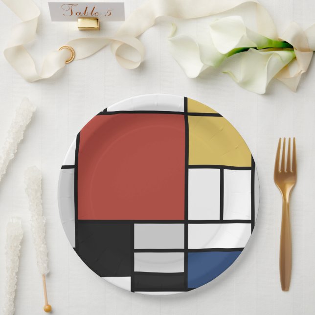 Plato De Papel Mondrian Pintura de Plano Rojo Amarillo Azul Gris  (Boda)