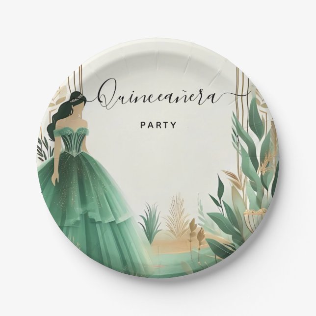 Plato De Papel Moneda de oro Glam Esmeralda Verde Quinceanera (Anverso)