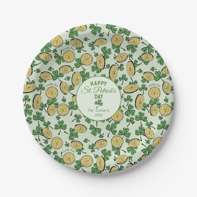 Plato De Papel Monedas afortunadas y Día Verde del Shamrock St Pa (Anverso)