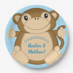 Plato De Papel Monkey Baby Shower Blue