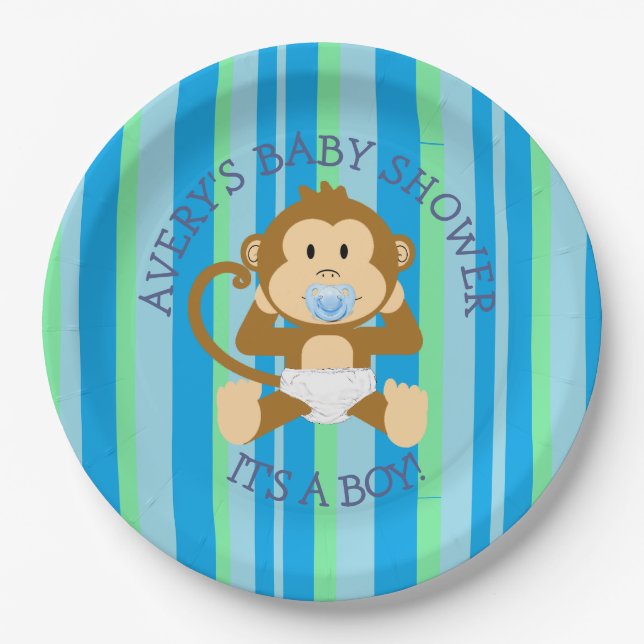 Plato De Papel Mono Baby Shower es un chico de papel (Anverso)