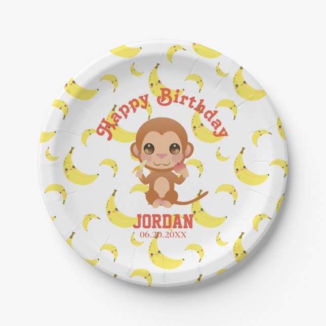 Plato De Papel Mono de bebé bananero Happy Birday Paper Placas (Anverso)