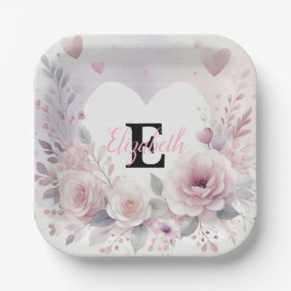 Plato De Papel Monogram name floral hearts romantic watercolor 