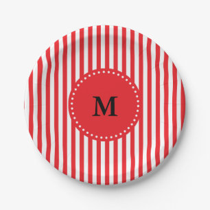 Plato De Papel Monogram Red and White Stripes Pattern