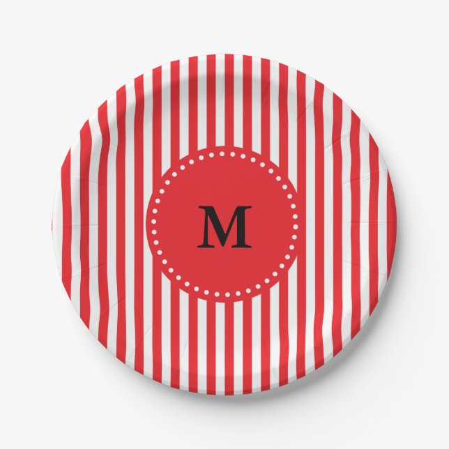 Plato De Papel Monogram Red and White Stripes Pattern (Anverso)