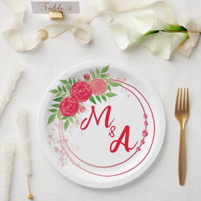 Plato De Papel Monogram Wedding bridal reception red (Boda)