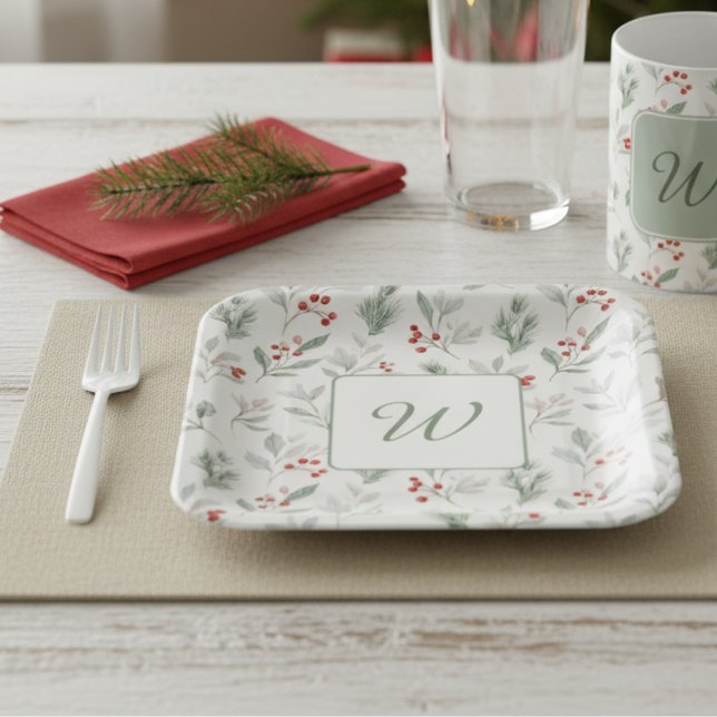 Plato De Papel Monogram Winter Foliage Holiday  (Monogram holiday paper plates)