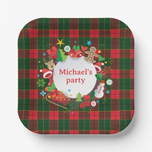 Plato De Papel Monogram Winter Holiday Christmas Scottish Pattern (Anverso)
