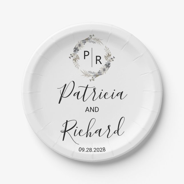 Plato De Papel Monograma acuarela Boda floral (Anverso)