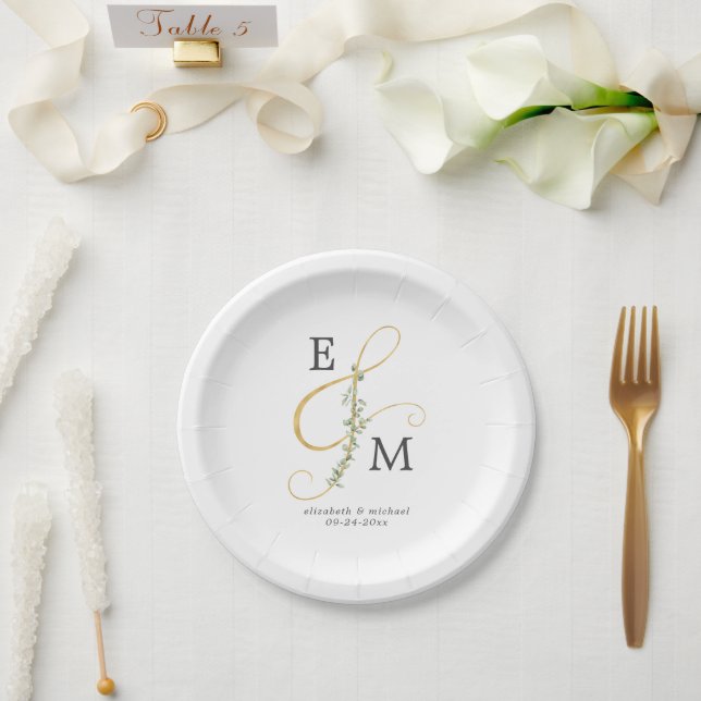 Plato De Papel Monograma Ampersand Eucalyptus Greenery Boda (Boda)
