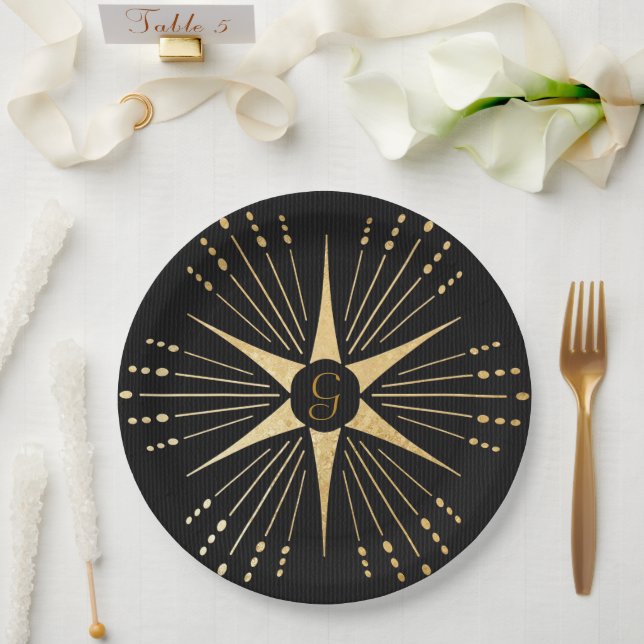 Plato De Papel Monograma Art Deco Estrella Negro y Oro (Boda)