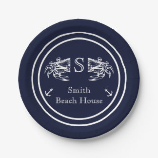Plato De Papel Monograma Azul Marino Blanco Cangrejo Náutico