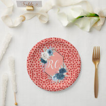 Monograma Azul Polvoriento Floral y Corazones Rojo