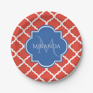Plato De Papel Monograma azul trendy y quatrefoil rojo