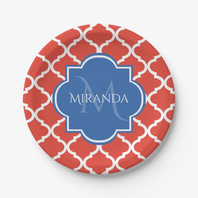 Plato De Papel Monograma azul trendy y quatrefoil rojo (Anverso)