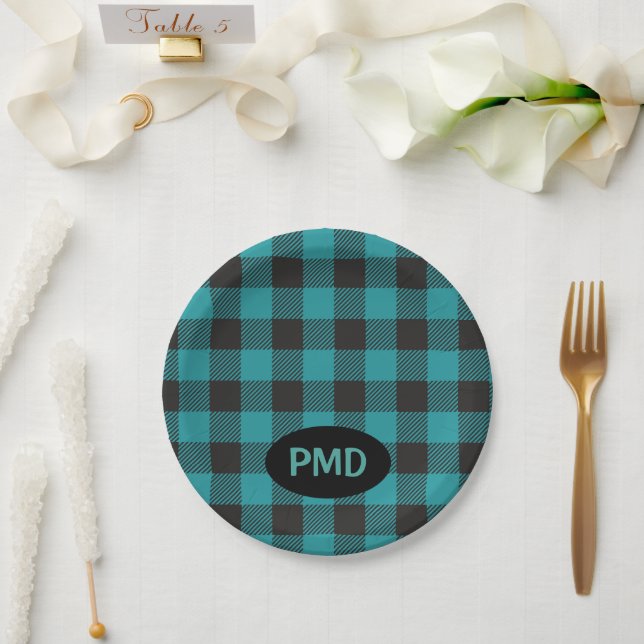 Plato De Papel Monograma azul turquesa Verde azulado azul negro (Boda)