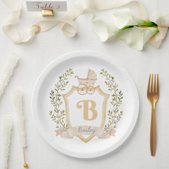 Plato De Papel Monograma "B" de transporte para bebés | Neutral (Boda)