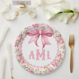 Plato De Papel Monograma Baby Shower de plegado rosado