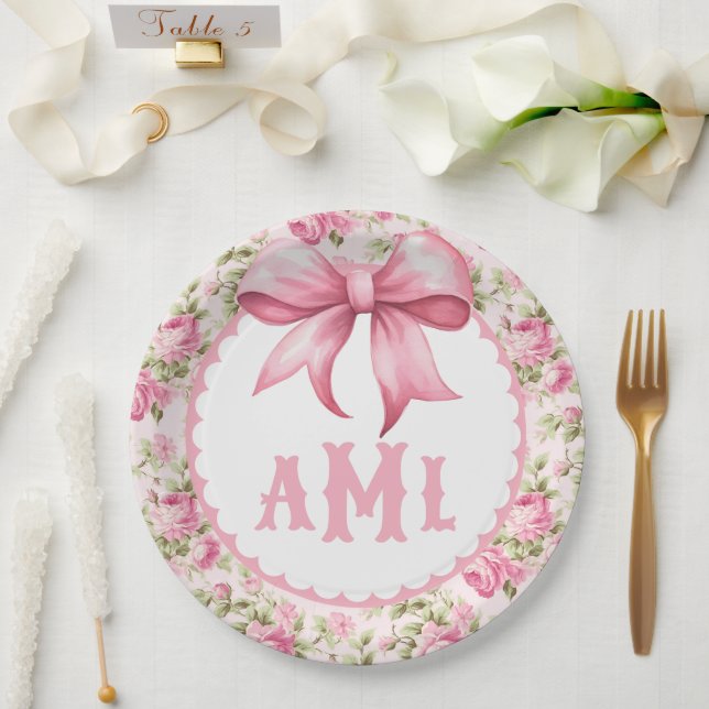 Plato De Papel Monograma Baby Shower de plegado rosado (Boda)