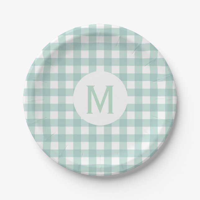 Plato De Papel Monograma básico simple de Sage Green Gingham (Anverso)