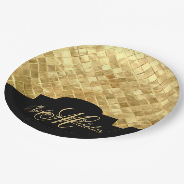 Plato De Papel Monograma Black & Gold 50 Aniversario Plates (Angular)