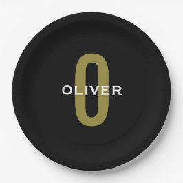 Plato De Papel Monograma blanco dorado negro personalizado