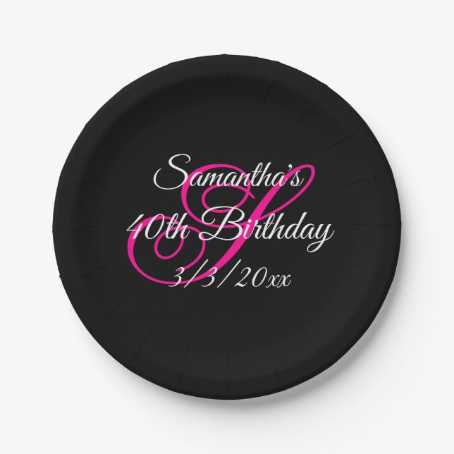 Plato De Papel Monograma blanco negro y rosa caliente cumpleaños (Anverso)