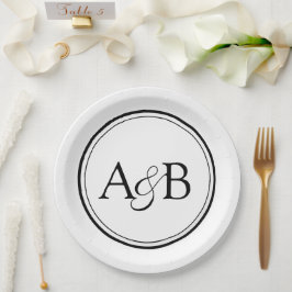 Plato De Papel Monograma blanco y negro y pareja con et