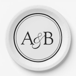 Plato De Papel Monograma blanco y negro y pareja con et