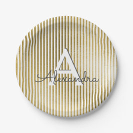 Plato De Papel Monograma blanco y rayado de Relieve metalizado do