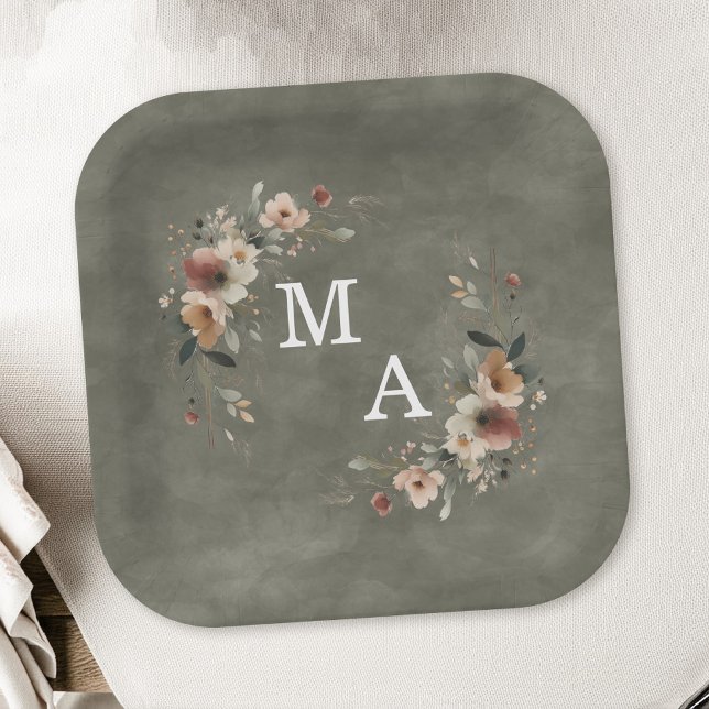 Plato De Papel Monograma Boda de la flor del Boho verde sabio (Decorate your celebration table in elegance with our monogrammed plates in 6 chic hues.)