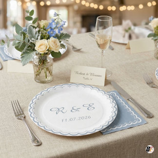 Plato De Papel Monograma Boda Dusty Blue con Volutas