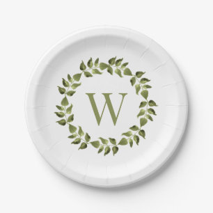 Plato De Papel Monograma Boda inicial Wreath verde botánico