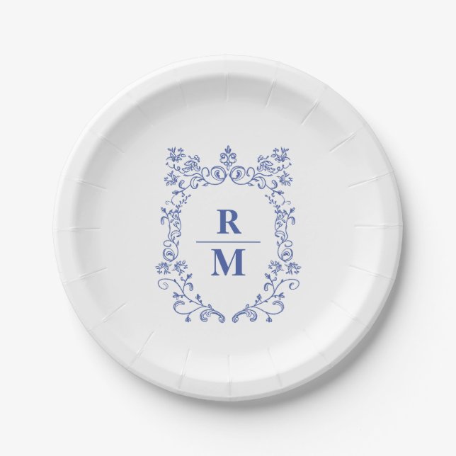 Plato De Papel Monograma boda personalizado escudo (Anverso)