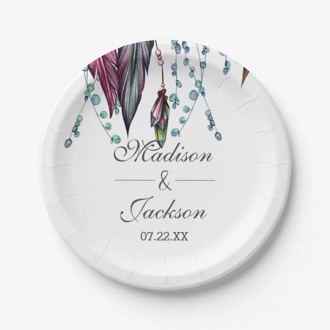 Plato De Papel Monograma Boho Dreamcatcher y Feathers Boda Rosa (Anverso)