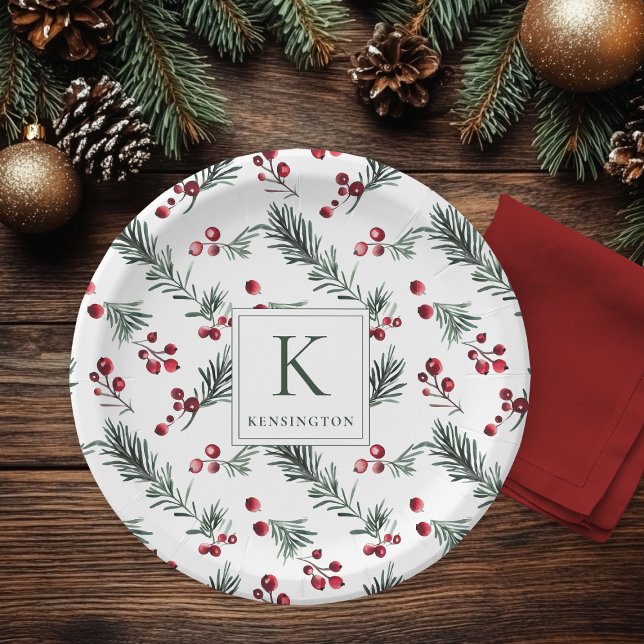 Plato De Papel Monograma botánico de Navidades elegantes (Elegant Christmas Botanical Monogram Paper Plates)