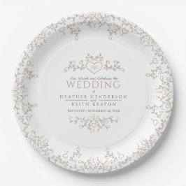 Plato De Papel Monograma cardíaco de línea foliar tan boda