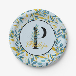 Plato De Papel Monograma "Carta P" de oro de la marina de hojas m