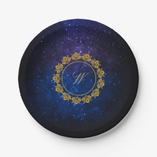 Plato De Papel Monograma circular del modelo en galaxia azul