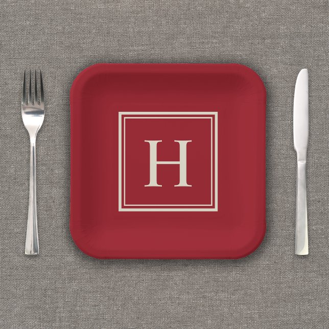 Plato De Papel Monograma clásico elegante en rojo Cranberry (Personalize this plate with your monogram initial.)