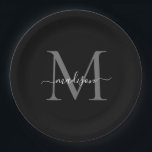 Plato De Papel Monograma clásico negro gris moderno Nombre de gui<br><div class="desc">Monograma moderno de color gris negro moderno guión de escritura femenina de color Placa de papel</div>
