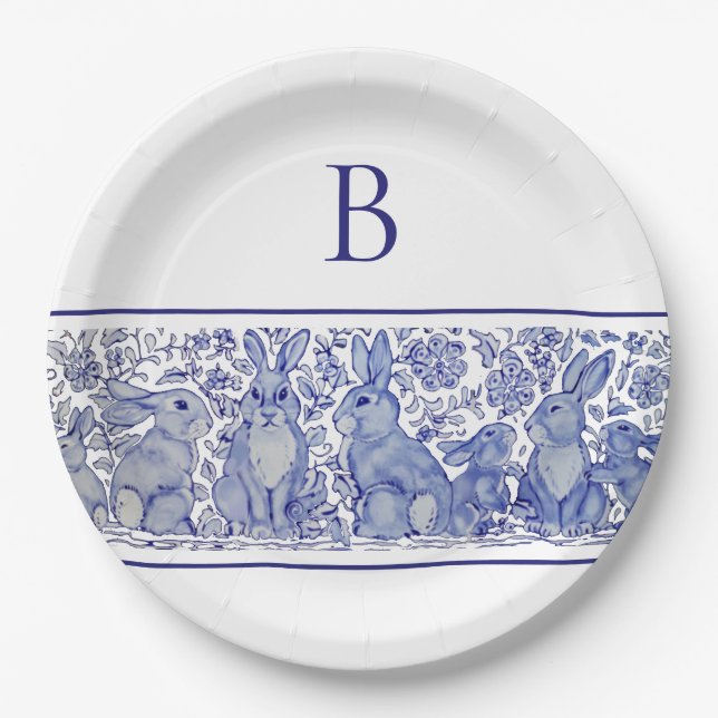 Plato De Papel Monograma Conejo Azul Animal Whimsical Personaliza (Anverso)