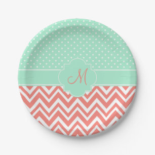 Plato De Papel Monograma Coral Chevron con patrón de punto de pol