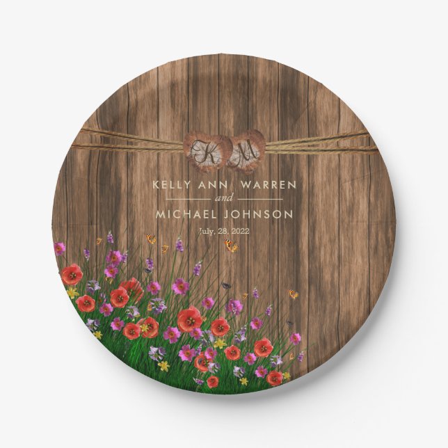 Plato De Papel Monograma Corazón con flores silvestres de primave (Anverso)