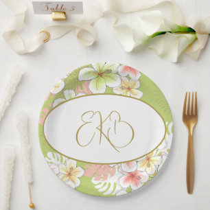 Plato De Papel Monograma Cumpleaños Elegante Tropical