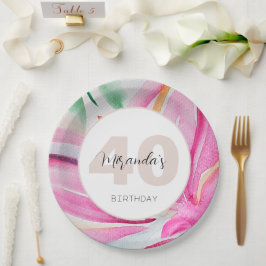 Plato De Papel Monograma de Acuarela Floral Pétalo Rosa