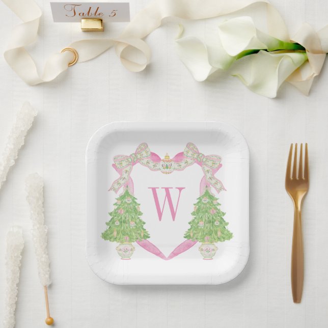 Plato De Papel Monograma de árbol de navidad rosa acuarela (Boda)