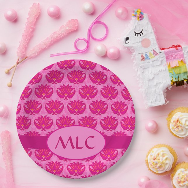 Plato De Papel Monograma de Art Nouveau Damask Rosa (Fiesta)